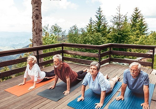 Group of four performing outdoor yoga