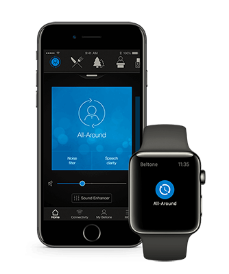 Beltone Hearmax App preview on phone and smart watch
