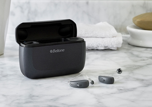 Beltone Amaze hearing aids and rechargeable case
