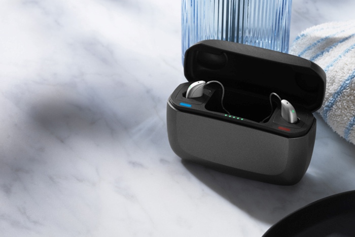 Rechargeable Beltone Serene hearing aids and case